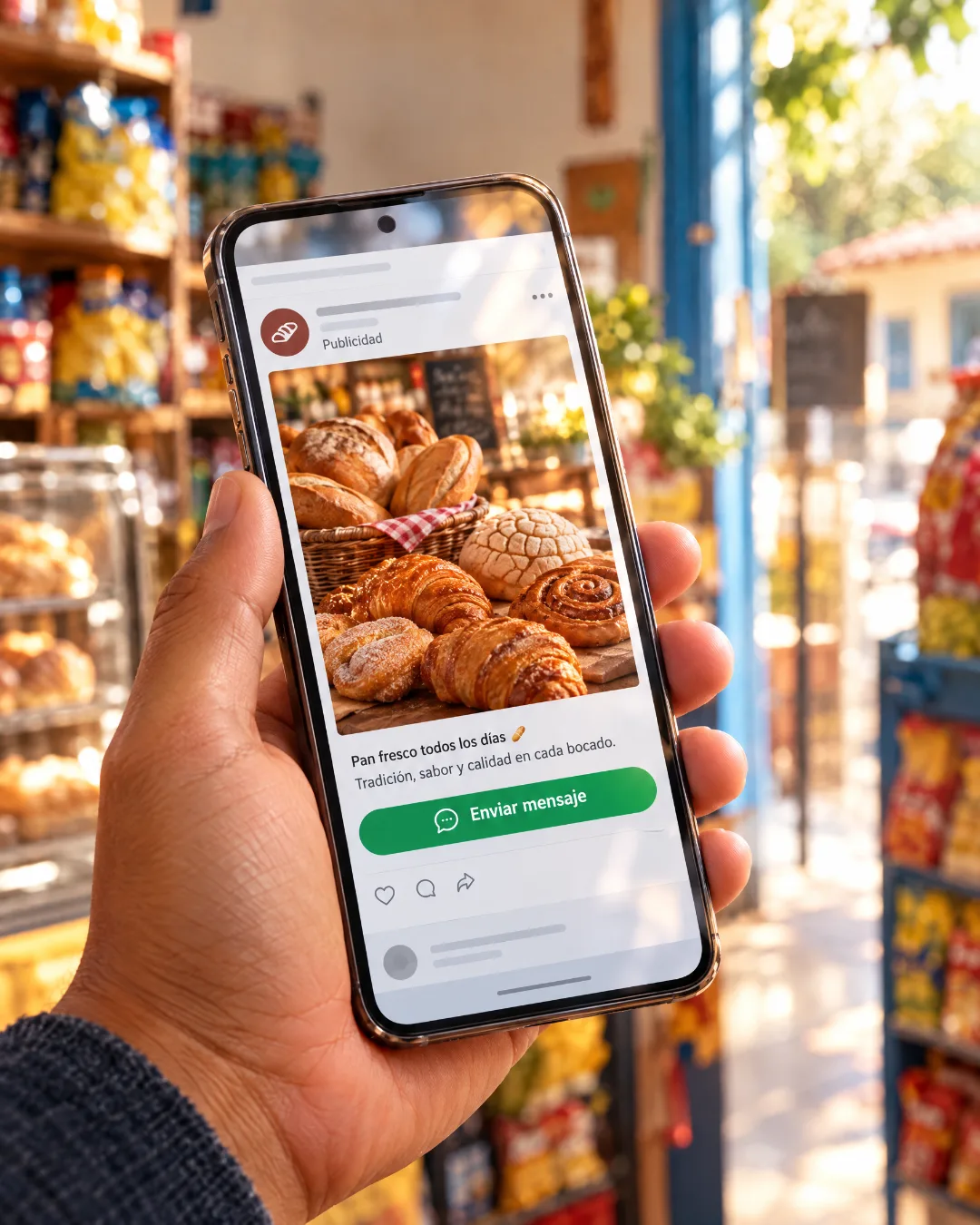 Anuncio de un negocio local en el celular con el botón Enviar mensaje