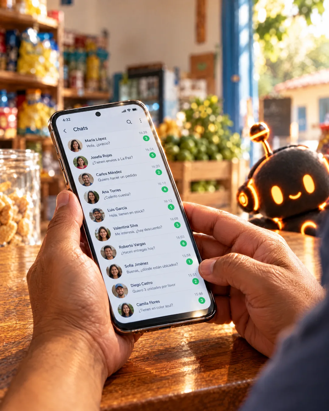Celular con muchas conversaciones nuevas de clientes en WhatsApp